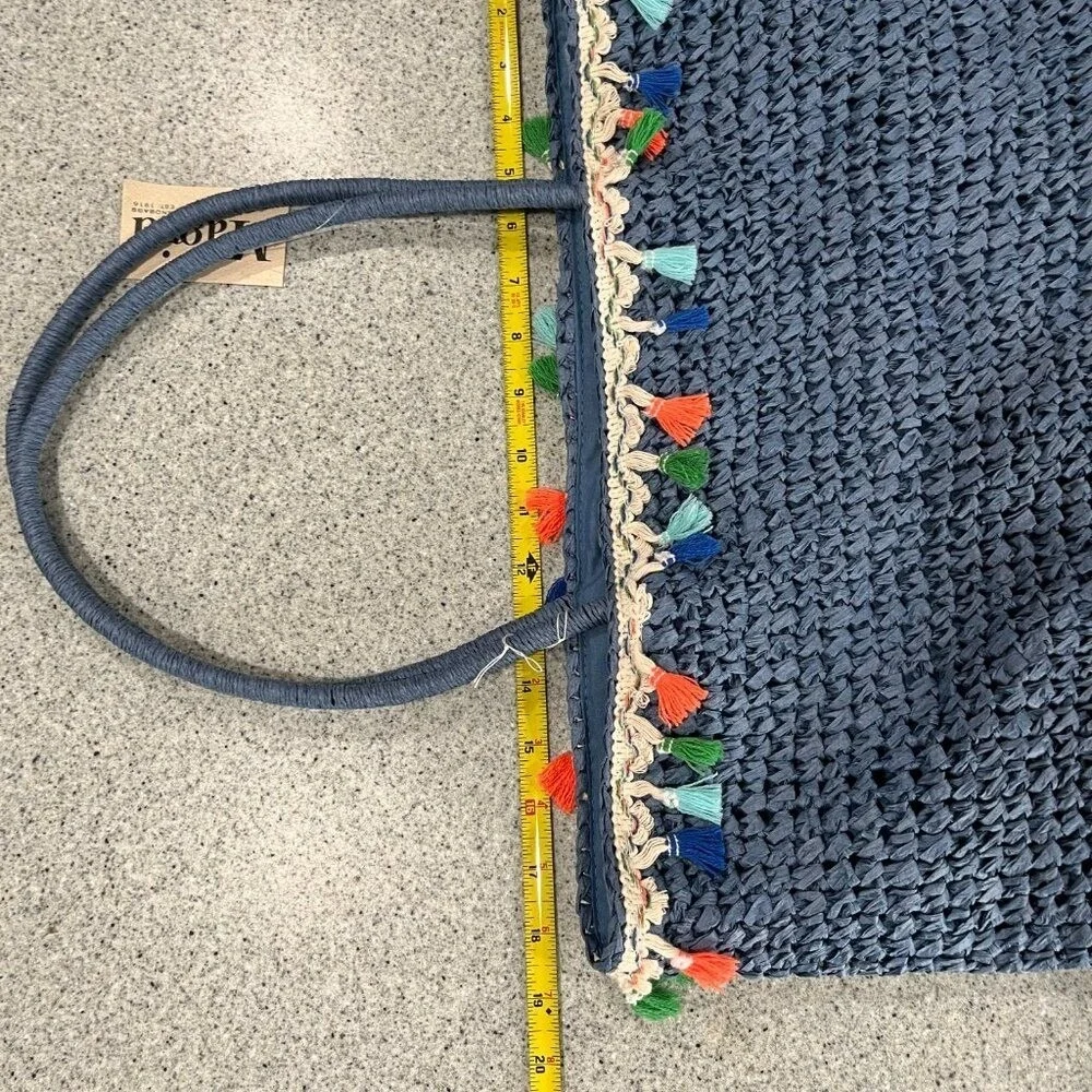 Magid Medium Blue Paper Straw Crochet Lined Tote Bag Beach Tassels